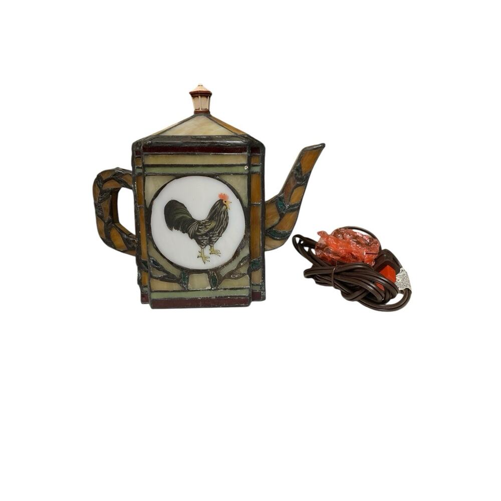 Vintage Tiffany Style Stained‎ Glass Rooster Teapot Lamp Farmhouse Art Deco